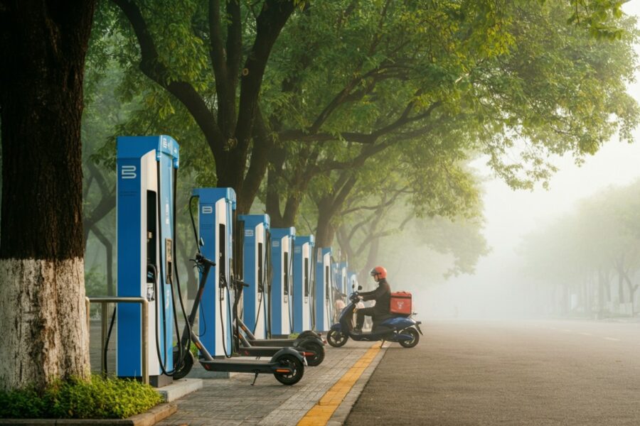 Trụ đổi pin xe máy điện VinFast bên đường buổi sáng