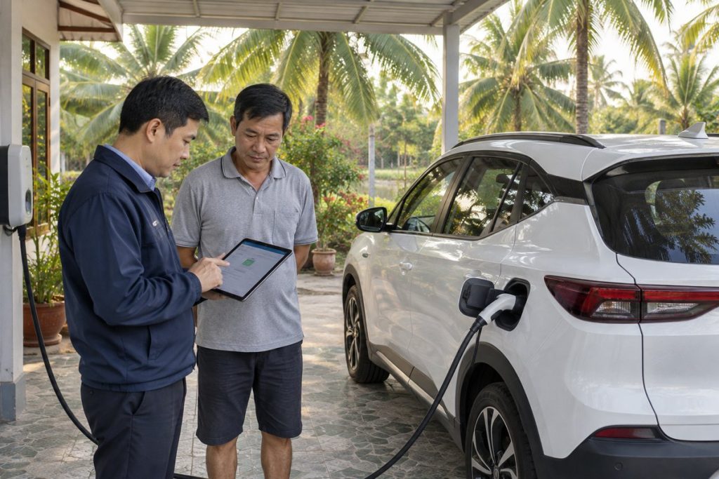Chuyên viên đọc thông tin pin trên máy tính bảng bên chiếc xe điện màu trắng đang sạc tại nhà ở Cà Mau